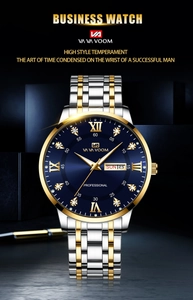 Detailed close-up of a luxury men's two-tone business watch with dark blue sunray dial