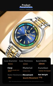 Detail view of business quartz watch with blue gold dial and technical parameters