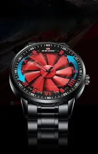 Macro detail of the 360-degree rotating turbine racing dial on a black quartz watch