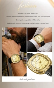Makroaufnahme von goldener quadratischer Uhr mit Rautenlünette und Lederarmband