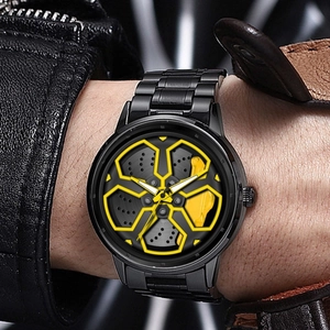 Orologio sportivo da uomo con design a cerchione 3D nero e pinze dei freni gialle