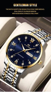 Detailed close-up of a high-end waterproof men's business watch with a calendar display