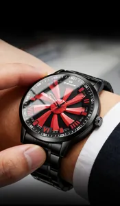 Detail of 3D rotating red and black turbine dial with Roman numerals on men's quartz watch