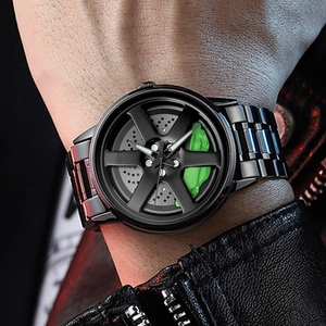 Orologio al quarzo da uomo con design a cerchio d'auto nero e pinza verde fluorescente