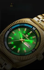 Macro view of VA VA VOOM watch with luminous hands and day-date display on green dial