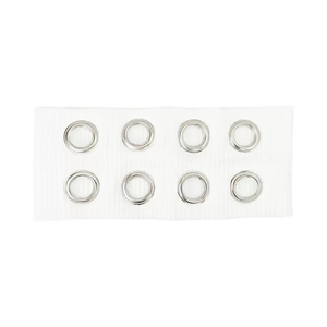 Elastic punk style headband in white fabric featuring eight polished silver metal eyelets