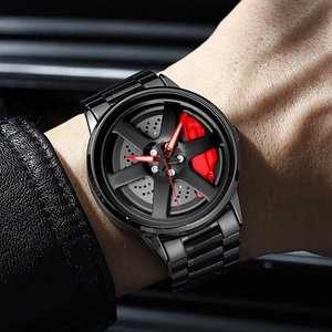 Orologio uomo design cerchione auto in acciaio nero con dettagli pinza rossa