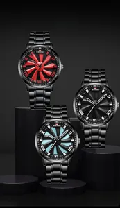 Three men's sport watches featuring car wheel hub dials and black stainless steel straps