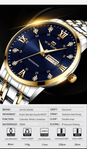 Detailed specs of VA VA VOOM men's quartz watch with blue dial and gold steel strap
