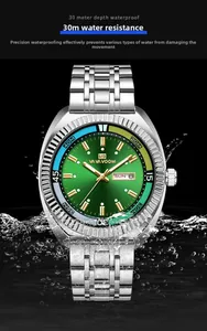 Detail of green sunray dial watch with water splash effect showing 30M water resistance