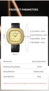 Detaillierte Größentabelle mit technischen Daten der quadratischen Quarzuhr mit Lederarmband