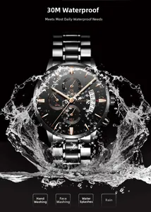 Detail of waterproof stainless steel watch with black dial and chronographs in water splash
