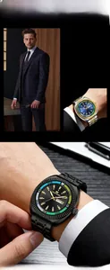 Detail view of business quartz watch showing dual calendar and metal link bracelet textures