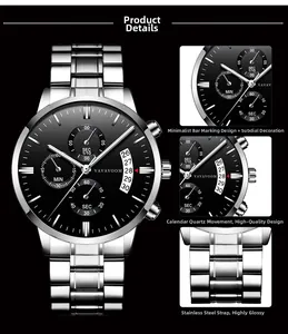 Detailed macro of men's stainless steel watch featuring black dial and calendar display