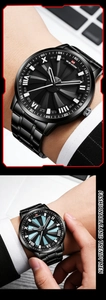 Detail of VAVAVOOM rotating turbine dial with Roman numerals and black steel bracelet