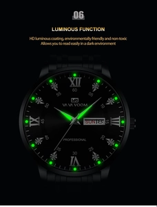 Detail view of the high-definition luminous dial and hands on the black men's luxury watch