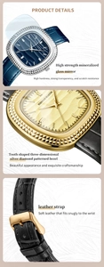 Details der quadratischen Quarzuhr mit Diamantschliff-Lünette und schwarzem Lederarmband