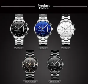 Detailed view of quartz chronograph watches in silver and black stainless steel options