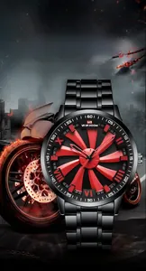 Macro view of rotating hub hollow dial on black stainless steel waterproof watch