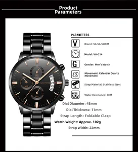 Macro detail of VA-214 black stainless steel watch with rose gold dial markers and sub-dials