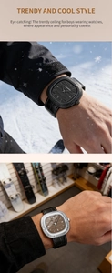 Nahaufnahme der quadratischen Quarzuhr mit Rautenlünette und Details am Lederarmband