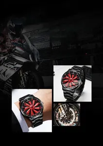 Close-up of sporty black racing watch featuring red propeller dial and steel strap