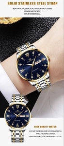 Detail view of the men's business watch with a gold-tone bezel and stainless steel band