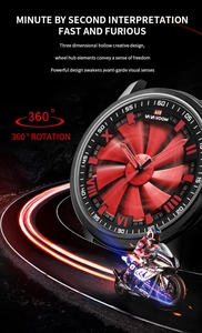 Close-up of a rotating red car wheel rim dial on a black sports quartz watch for men