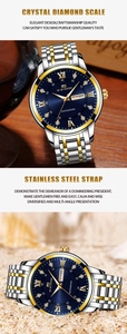 Detailed close-up of a blue business quartz watch dial with Roman numerals and day-date display