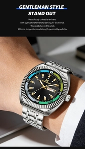 Detailed close-up of a men's business watch with a metal band and colorful scale ring