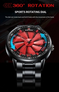 Detail of VAVA VOOM black stainless steel watch with a 360 rotating red turbo fan dial