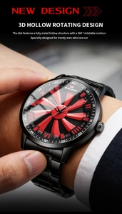Detail of VAVA VOOM men's watch with 3D rotating turbine dial and black metal strap