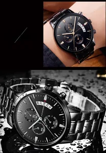 Detail view of water-resistant business watch with black dial and chronograph functions