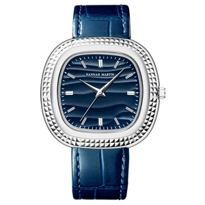 Quadratische Herrenuhr mit blauem Wellen-Zifferblatt, Silberlünette und Lederarmband