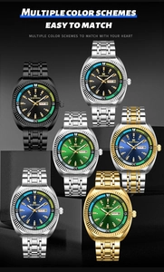 Detailed view of quartz watch collection featuring fluted bezels and dual calendar displays