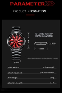 Detailed specs showing a black rotating car wheel hub watch with 43mm dial dimensions
