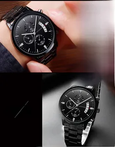 Macro view of black stainless steel chronograph watch with calendar sub-dials and metal band