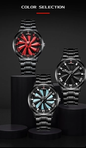 Three men's quartz watches with rotating turbine dials in red, black, and blue tones