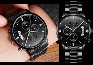 Detail view of black stainless steel chronograph watch with calendar and three sub-dials