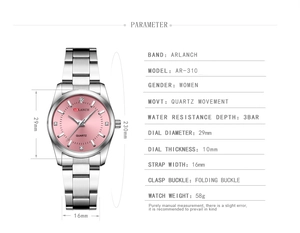 Detailed dimension guide for ARLANCH quartz watch featuring 29mm pink dial and steel band