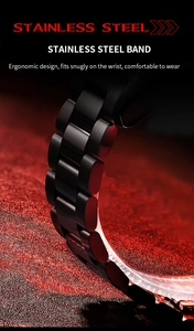 Detail of the black brushed stainless steel strap with ergonomic three-row link design