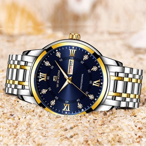 Luxury men's quartz watch with blue sunray dial and silver-gold bicolor steel band