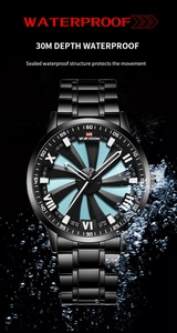 Detail of waterproof quartz watch with rotating turbo blue dial and splashing water effects