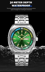 Close-up of waterproof watch with green dial and date display amidst dynamic water splashes