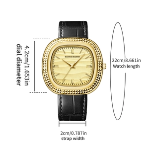Quadratische goldene Uhr mit Wellenzifferblatt und schwarzem Lederarmband