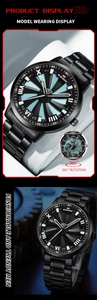 Detail of the 360-degree rotating industrial dial and black steel strap on men's watch