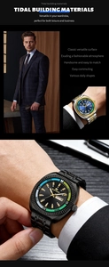 Close-up of business quartz watch with fluted bezel and double calendar display