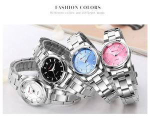 Detail shot of business quartz watches for women in silver steel with four dial colors