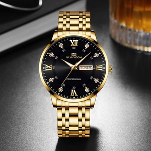 Luxury gold stainless steel men's watch with black dial and date display function