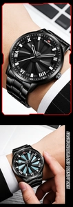 Close-up of men's watch with turbine dial design and black steel strap in office setting